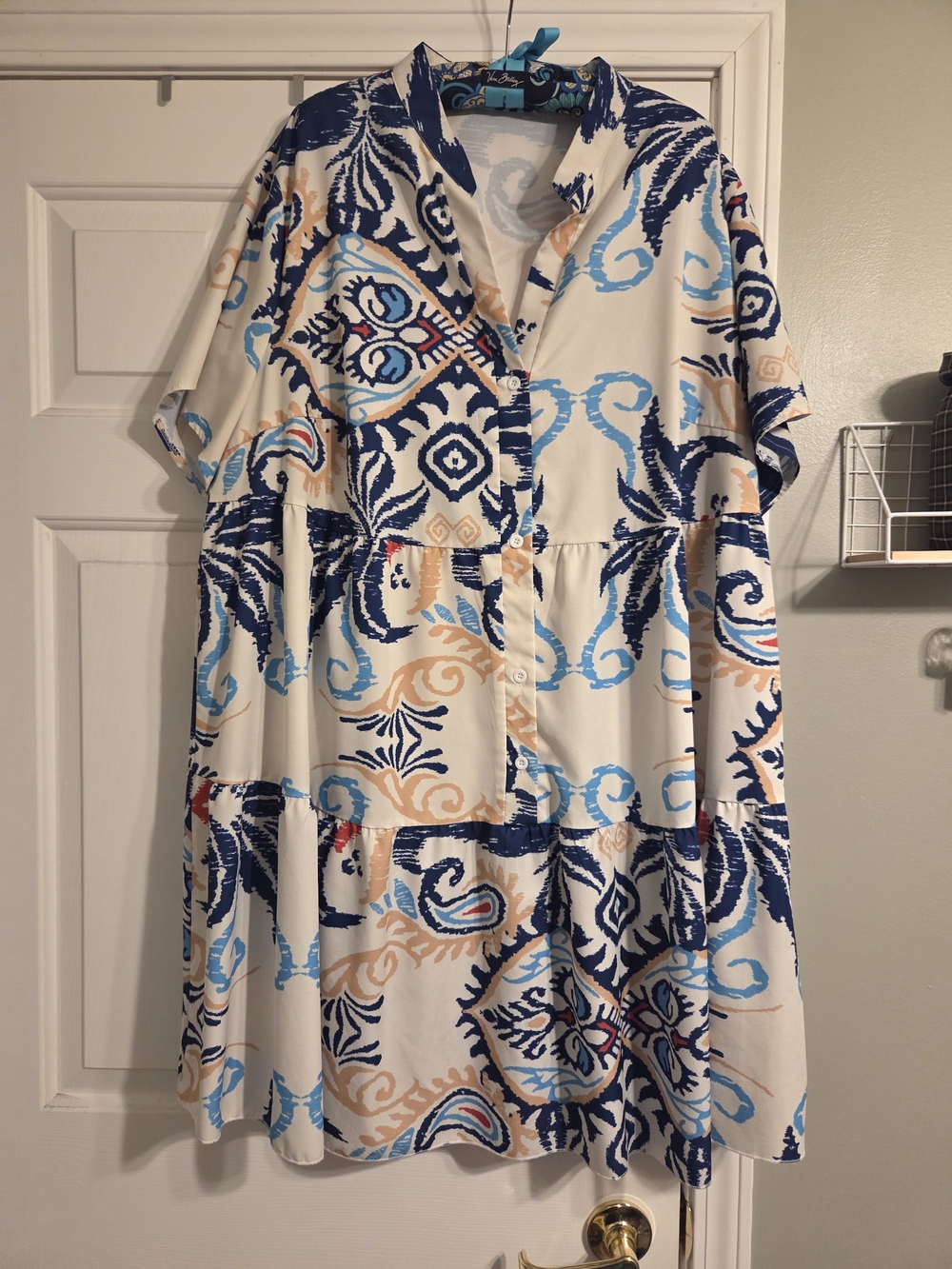 Printed Tiered Button-Front Women’s Dress in White and Blue